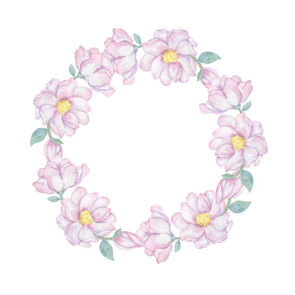 Aquarell rosa Blüten und Blätter Kranz. handgezeichnete Illustration. Kreis Clip Art Branche für Feier, widding, einladen Karte weißen Hintergrund Vintage-Stil — Stockfoto