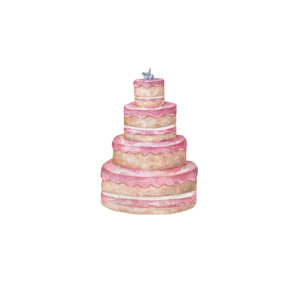 お祝い誕生日カードは水彩ピンクおいしいケーキ かわいい手で白い背景のクリップアートを描画 — ストック写真