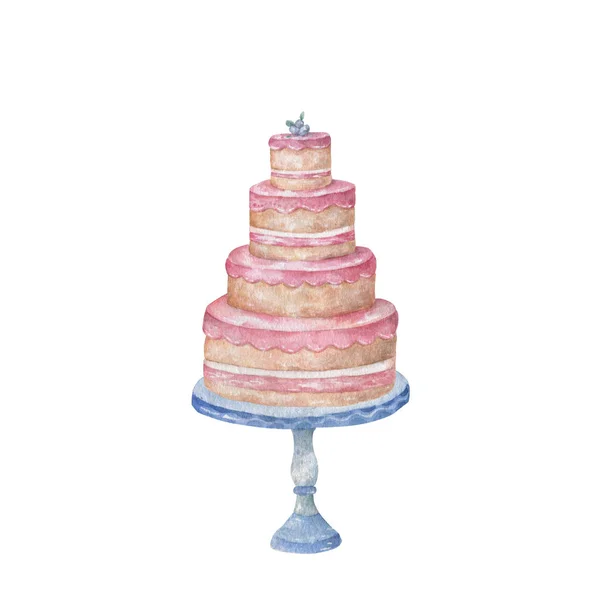 お祝い誕生日カードのテーブルに水彩ピンクおいしいケーキ かわいい手で白い背景のクリップアートを描画 — ストック写真