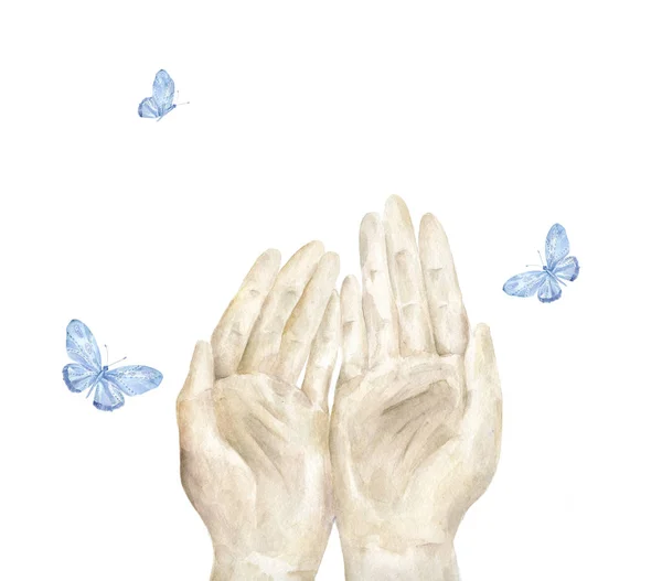 Открытая рука и голубая бабочка. акварель на белом фоне — стоковое фото