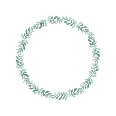 Yaprak suluboya yeşil çelenk. El karikatür tarzı resimde çekilmiş. Düğün, beyaz arka plan üzerinde tatil ya da kart tasarımı için şirin daire çerçeve.