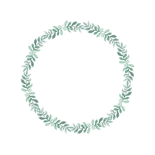 水彩の緑葉の花輪 手描き漫画スタイルの実例です かわいい円結婚式 白い背景の上の休日またはカードのデザイン フレーム — ストック写真