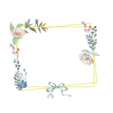Suluboya çiçek ve yaprakları çelenk. Altın çerçeve çizim. kutlama, widding, kare ve yay klip sanat dalı davet kartı beyaz arka plan Vintage stili.