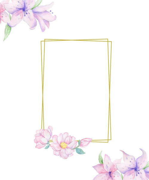 Moldura floral vertical com rosas rosa e folhas decorativas. Aquarela Convite design. Antecedentes para salvar a data. Cartão com flores cor-de-rosa. Moldura poligonal dourada — Fotografia de Stock