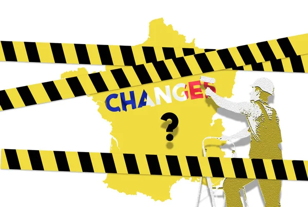 Yellow vests in France. The painter paints a yellow map of France and the text changes on white background