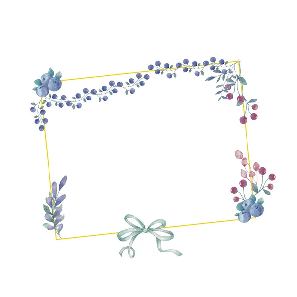 水彩花和叶子花环 金色框架插图 正方形和弓剪贴画分支为庆祝 邀请卡片白色背景复古样式 — 图库照片