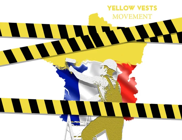 Yellow vests in France. The painter paints a yellow map of France and the text changes on white background