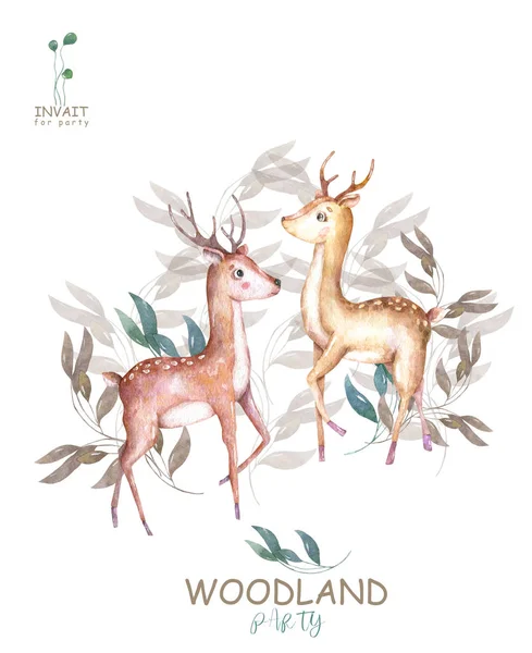 Şirin bebek geyikler hayvan çocuklar için illüstrasyon izole. Bohem suluboya boho orman geyik aile suluboya mükemmel kreş posterler için çizim. Doğum günü davet