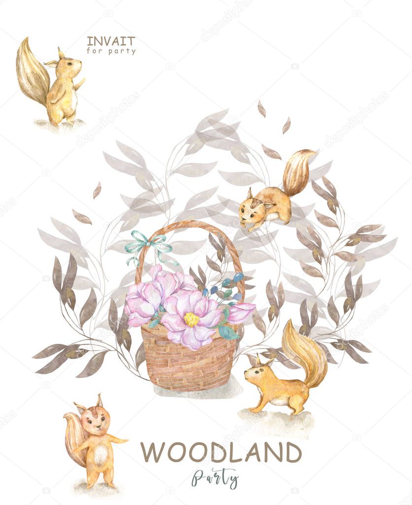 Set cute watercolor bohemian baby squirrel animal and wooden basket poster for nursary, alphabet woodland isolated forest decoration illustration. Baby shower animals invitation.