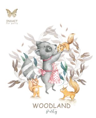 Şirin suluboya bohem bebek çizgi film roccoon ve sincap hayvan anaokulu için orman geyik, tilki ve baykuş kreş çocuklar için orman illüstrasyon izole. Orman hayvanları