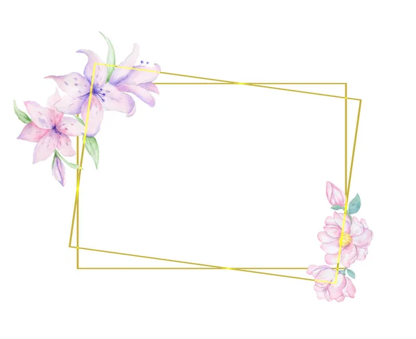 Virágos Kerettel Rózsaszín Rózsa Dekoratív Levelei Akvarell Meghívás Design Háttérben — Stock Fotó