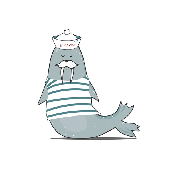 Грибний моржа в жилеті і шапці Векторні ілюстрації моржа символ кольорова текстура стиль бляшанки синій океан життя обличчя тваринний зоопарк посмішка вуса смішний малюнок геометричний принт на білому тлі — стоковий вектор