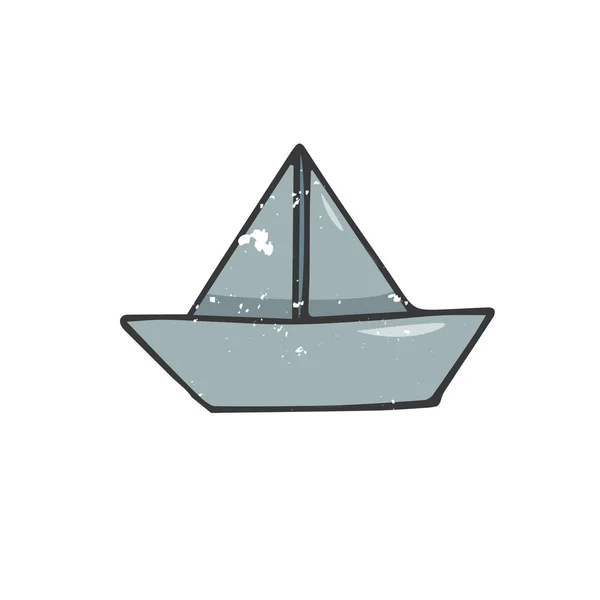 Paperboat 図図面ぼろぼろスタイル幾何学的要素青いボート水図面クリップ アート紙は白い背景の上海色テクスチャを出荷します — ストックベクタ