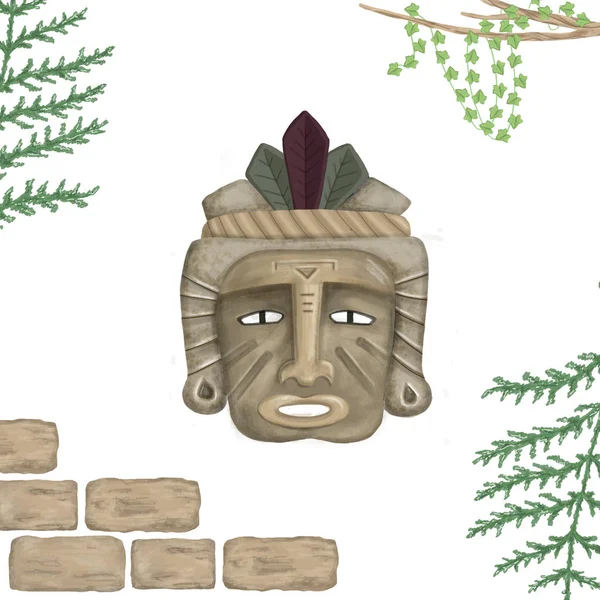 Ethnic tribal mask. Watercolor cartoon illustration. Wooden mask of fear on white background. Maya, Aztec