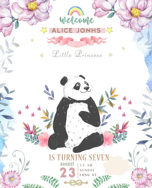 Doğum Günü Kartı Tasarım Sevimli Panda Ayısı Boho Çiçek Çiçek — Stok fotoğraf