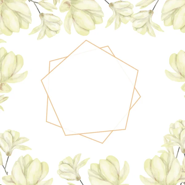 Pozvánka Květinové Pozvat Kartou Olivový Květinové Magnolia Geometrické Zlatý Rám — Stock fotografie