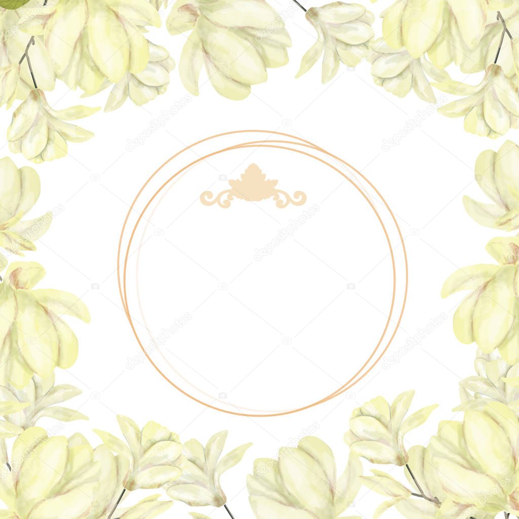 Wedding Invitation, floral invite card, olive floral and magnolia geometric golden frame print. White background