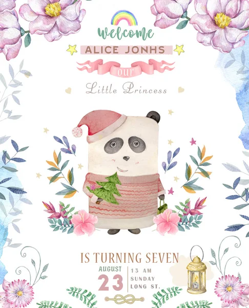 Cute happy birthday card with cartoon Panda. Watercolor panda clip art and beauty boho pink flowers, floral. lamp light and leaf for greeting card on white background.