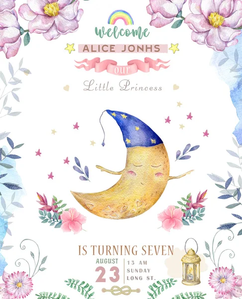 Bonito Cartão Felicitações Para Bebés Lua Aquarela Chapéu Noite Com — Fotografia de Stock