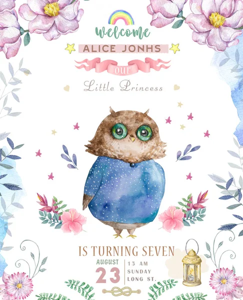 Watercolor cute Cartoon Owl. Cute baby greeting card. Boho flowers and floral bouquets Happy Birthday set. Watercolor greeting baby card on white background