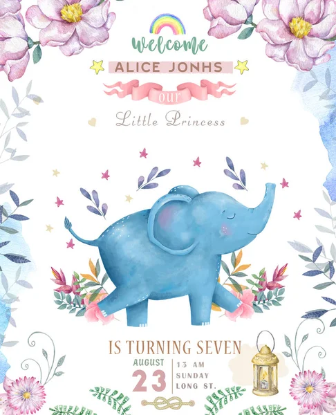 Happy birthday card with cute Elephant Watercolor animal. Cute baby greeting card. Boho flowers and floral bouquets Happy Birthday set. Watercolor greeting baby clip art on white background