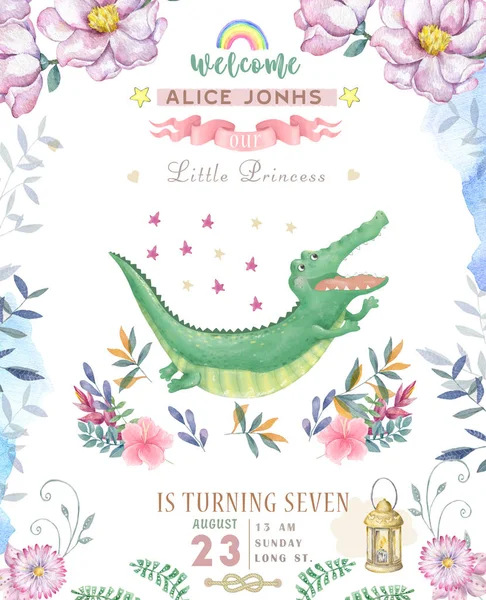 Happy birthday card with cute Croc Dandy Watercolor animal. Cute baby greeting card. Boho flowers and floral bouquets Happy Birthday set. Watercolor greeting baby clip art on white background
