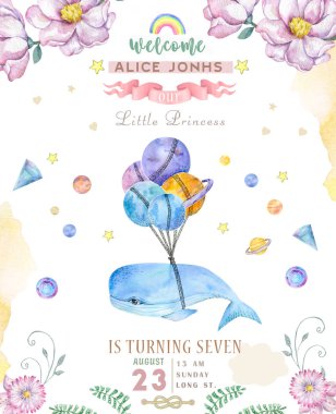 Suluboya izole şirin suluboya balinanın üzerinde balon clipart. Kreş balina illüstrasyon. Samanyolu poster. Son moda pembe çizgi film yer. Doğum günü davet.