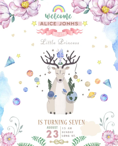 Watercolor isolated cute watercolor Deer clipart. Nursery Cosmic illustration. Solar planet poster. Trendy pink cartoon deer. Birthday invite card