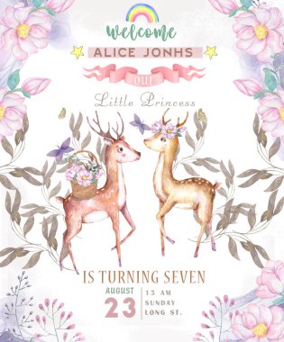 Cute baby deers animal isolated illustration for children. Bohemian watercolor boho forest deer family watercolor drawing Perfect for nursery posters. Birthday invite. clipart