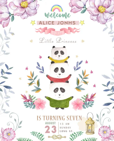 Karikatür Panda Ile Şirin Mutlu Doğum Günü Kartı Suluboya Panda — Stok fotoğraf