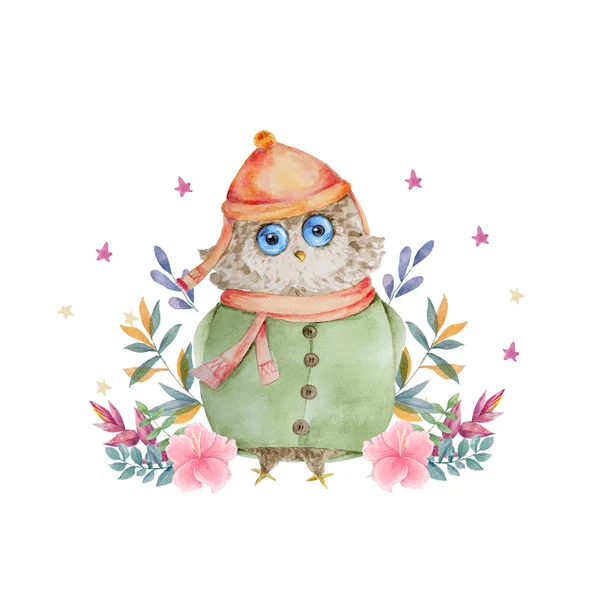 Watercolor cute Cartoon Owl. Cute baby greeting card. Boho flowers and floral bouquets Happy Birthday set. Watercolor greeting baby card on white background