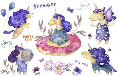 Suluboya şirin suluboya tek boynuzlu at ve sqirrel clipart izole. Kreş tek boynuzlu at illüstrasyon. Prenses tek boynuzlu at poster. Son moda pembe çizgi film at. Doğum günü davet