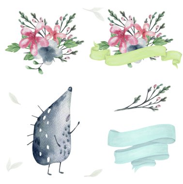 hedgehog watercolor bounquet design flowers bounquet data bird spring green flowers frame drawing illustration geometric clip art for birthday party print celebration clothing on white background. clipart