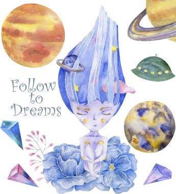 Balina suluboya fatasy balinanın üzerinde sinek balon güneş sistemi komik mavi okyanus deniz derin karakter illüstrasyon geometrik küçük resim Doğum günü partisi için çizim yazdırma kutlama giyim.