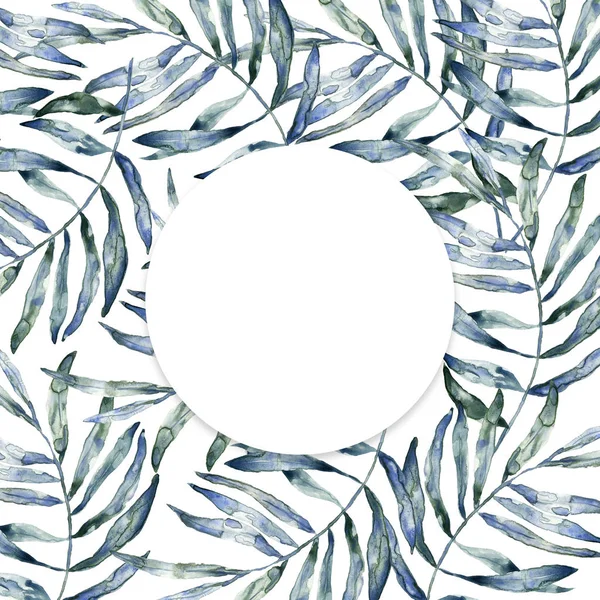 Akvarell Tropisk Palm Löv Bakgrund Akvarell Illustration Vit Cirkel Gratulationskort — Stockfoto