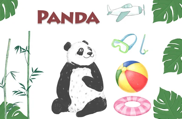 Sfondo Estivo Con Panda Set Viaggio Palla Maschera Subacquea Carino — Foto Stock