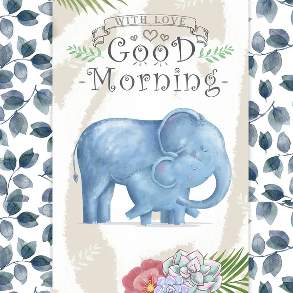 Watercolor baby elephant and mother. Cute Elephants for greeting card, birthday, invite, mother day painting clip art on floral background.