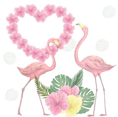 Pembe flamingo dijital klip sanat sevimli kuş aşk bounqet tropikal set çiçek renk doku illüstrasyon hayvan güvercin çiçek yeşil yaz kutlama arkadaş kartı beyaz arka plan tebrik uçan çiçekler.
