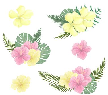 Kartı ile metin şeklinde pembe çiçekler kalp ile. resimde Sevgililer günü. Kutlama tebrik. Tropikal yaz bounquet çerçeve beyaz arka plan belirleme