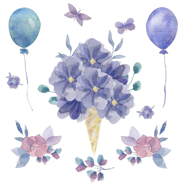 Indigo Azul Turquesa Aquarela Pintados Mão Folhas Florais Flores Para — Fotografia de Stock