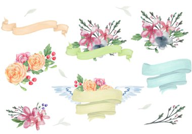 Kurdele çiçek Bounquet tasarım çiçek güzel suluboya beyaz arka plan üzerinde veri metin hazır kart tatil geometrik ayıklayacaktır doğum günü tebrik kutlama