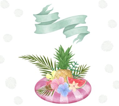 Kart için metin şeklinde bounquet çiçekli. illüstrasyon kutlama günü tebrik. Tropikal meyve havuzu yaz şerit çerçeve beyaz arka plan üzerinde ayarlayın.