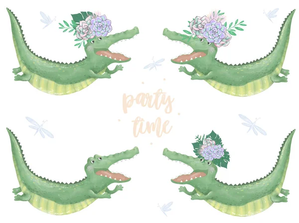 Ψηφιακή Υδατογραφία Κροκοδείλου Clip Art Χαριτωμένα Ζώο Και Λουλούδια Κόμμα — Φωτογραφία Αρχείου