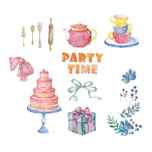 Watercolor Pink Tasty Cake Table Cup Tea Menu Bow Celebration — Stock Photo, Image