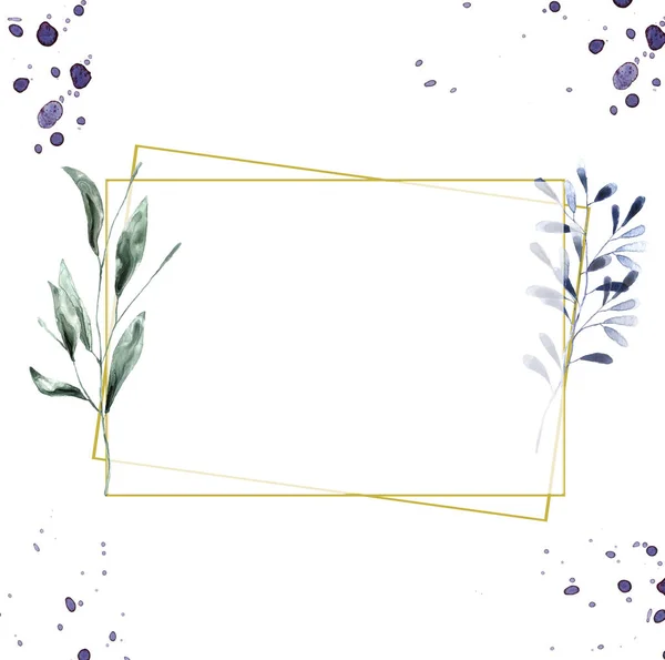 Convite de casamento, cartão de convite floral, rosa floral e verde folhas geométricas moldura dourada impressão. Quadro de retângulo de losango. Fundo branco — Fotografia de Stock