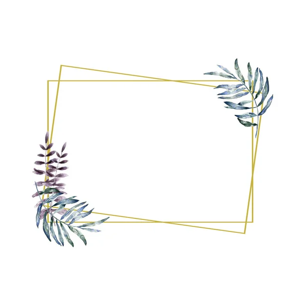 Bröllop inbjudan, blommig inbjuda kort, blad rosa blommor och gröna geometriska gyllene ram print. Rhombus rektangel ram. Vit bakgrund — Stockfoto
