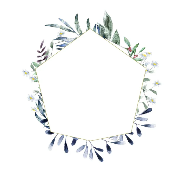 Boda Invitación, tarjeta floral invitada, rosa floral y verde hojas geométricas de oro marco de impresión. Rhombus Marco rectángulo. Fondo blanco — Foto de Stock