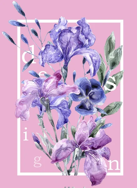 Botanikus rózsaszínű lap iris virágok, levelek. Tavaszi dísz koncepció. Virágos poszter, meghív. elrendezés dekoratív üdvözlőlap és meghívó háttérnyomtatás. Akvarell illusztráció — Stock Fotó