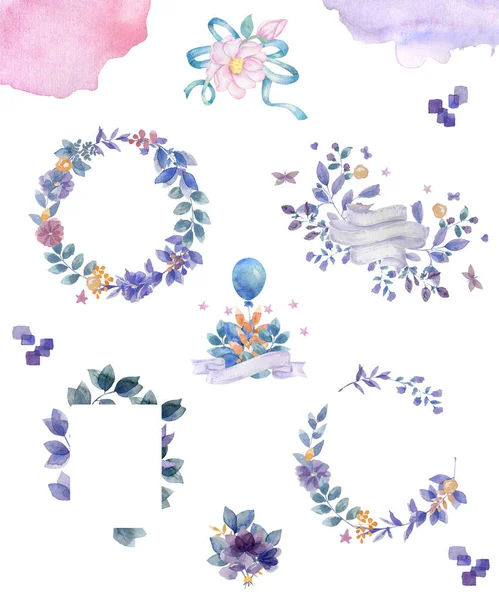 Quadro quadrado conjunto com rosas azuis, lilases, flores, ilustração floral botânica clipe de aquarela arte para o casamento, aniversário, convite, festa, celebração no fundo branco — Fotografia de Stock