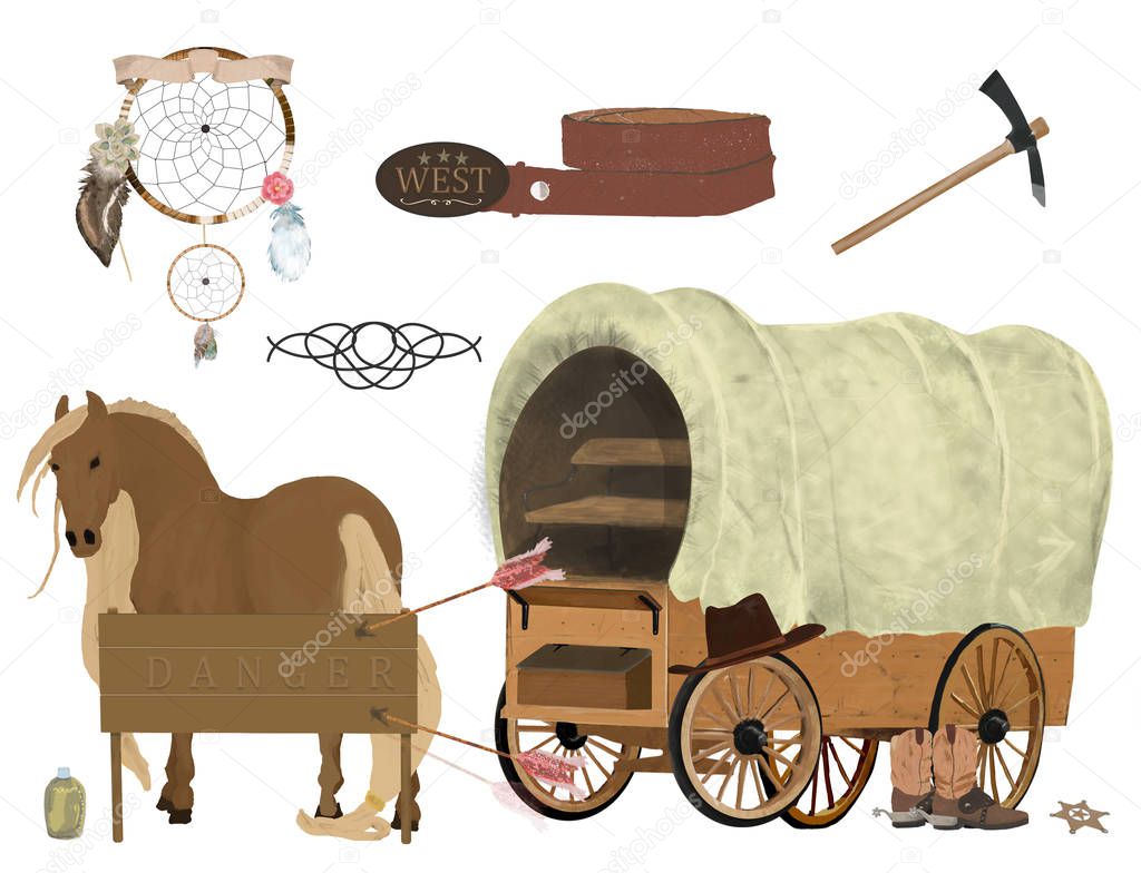 Wooden vehicle pulled by horses, belt, dreamcatcher, pickaxe Watercolor western. West story illustration. Clip art on white background Rancho Cowboy Retro style
